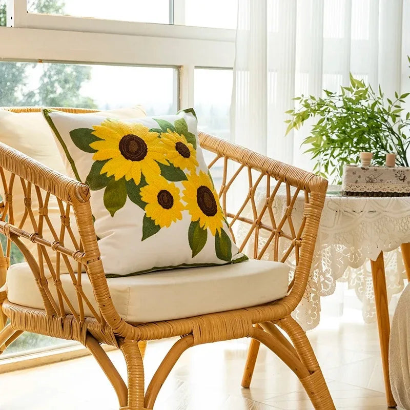 Cotton Throw Cushion Cover with Sunflower Embroidery – 45x45 cm Decorative Accent Pillow 4