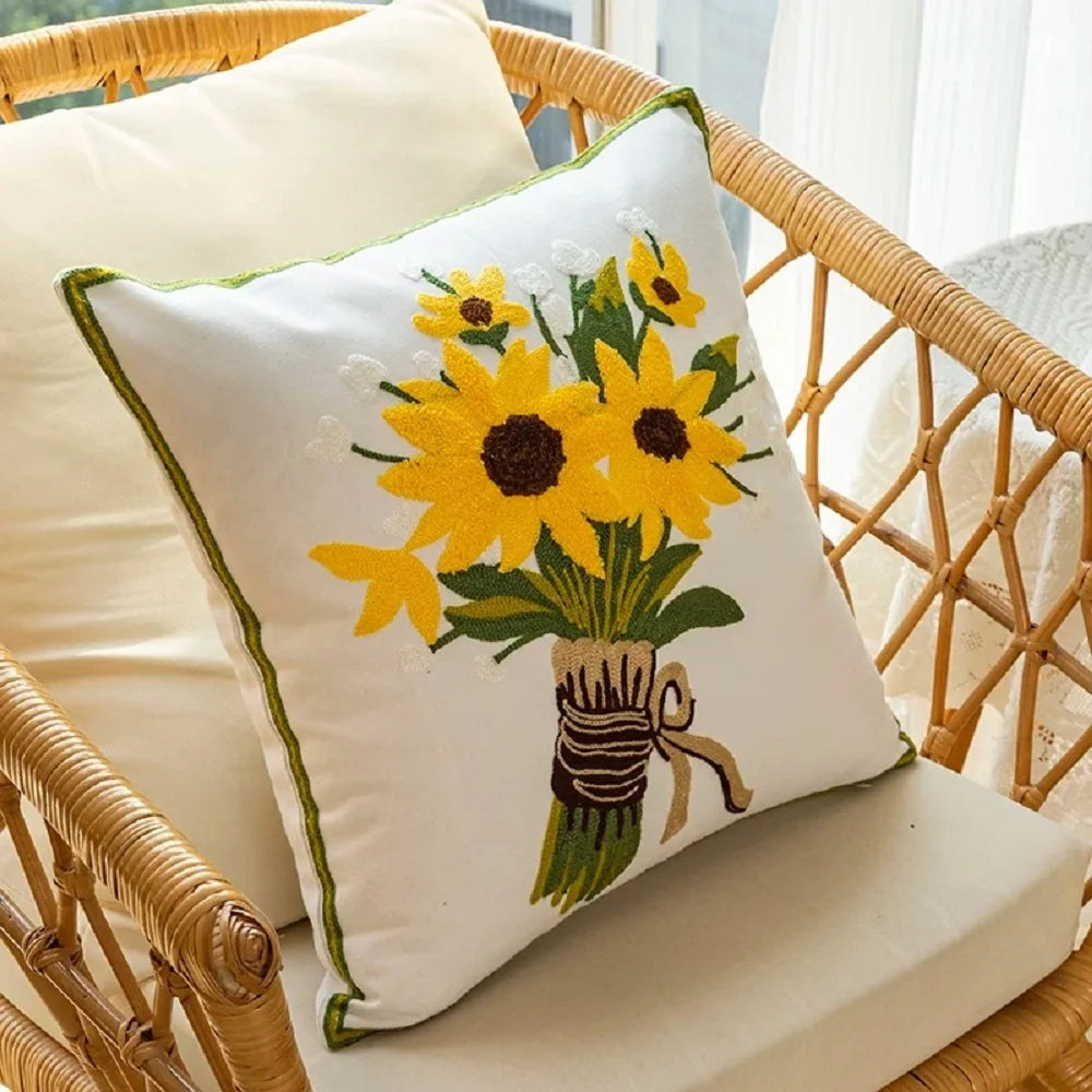 Cotton Throw Cushion Cover with Sunflower Embroidery – 45x45 cm Decorative Accent Pillow 5