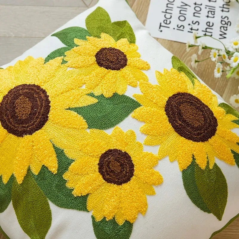 Cotton Throw Cushion Cover with Sunflower Embroidery – 45x45 cm Decorative Accent Pillow 6
