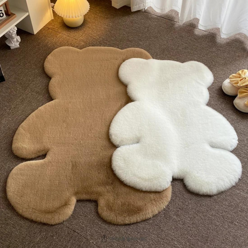 Cozy Cartoon Bear Washable Area Rug – Plush Floor Mat in White, Milky White, and Brown for Kids' Rooms 1