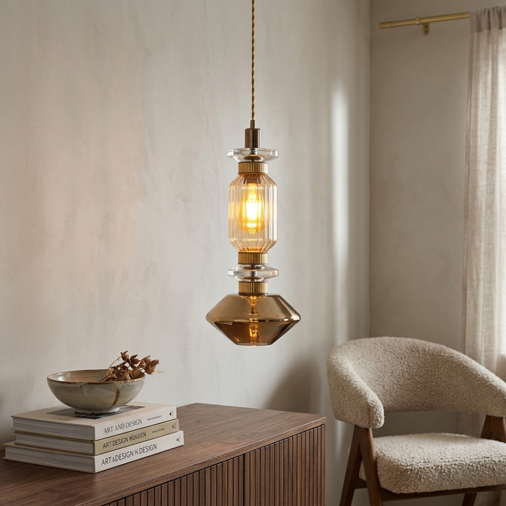 Crystal Glass Pendant Light Brass Gold Geometric Diamond Dimmable LED Dining Room Home Decor - Stack & Clear 998