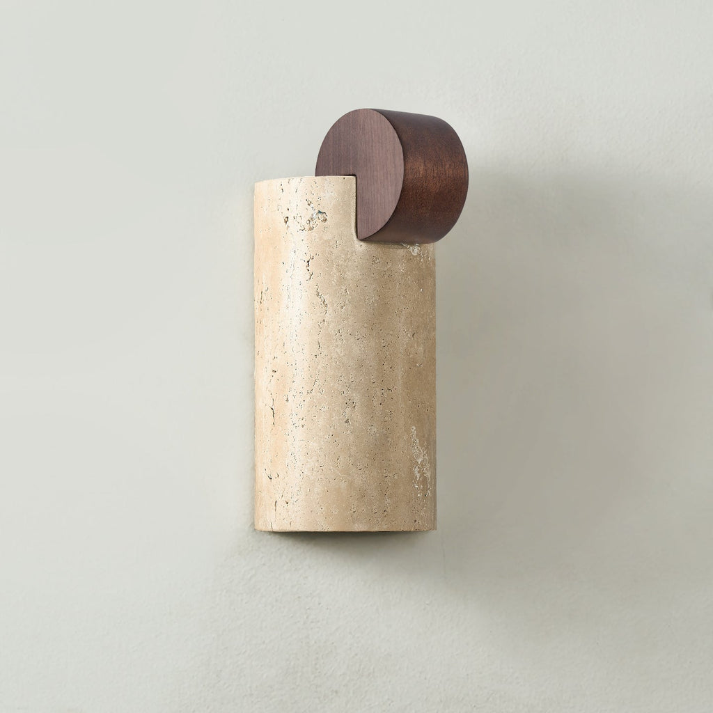 Curve Wall Light with Yellow Travertine and Wood Finish – Indoor Sconce 0