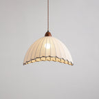 Dome-Shaped Pendant Light with Ribbed Fabric Shade for Kitchen Island – White and Walnut 0