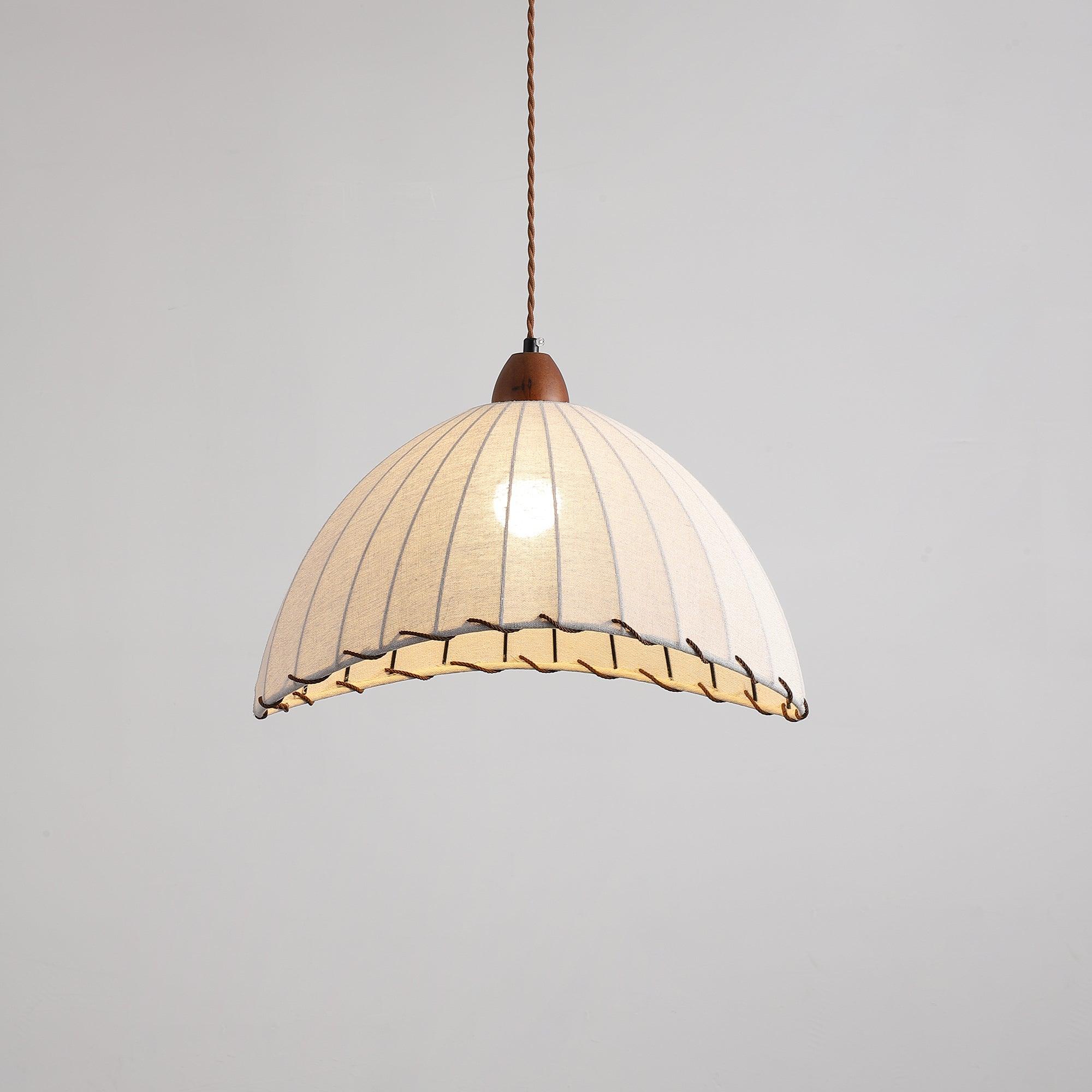 Dome-Shaped Pendant Light with Ribbed Fabric Shade for Kitchen Island – White and Walnut 0