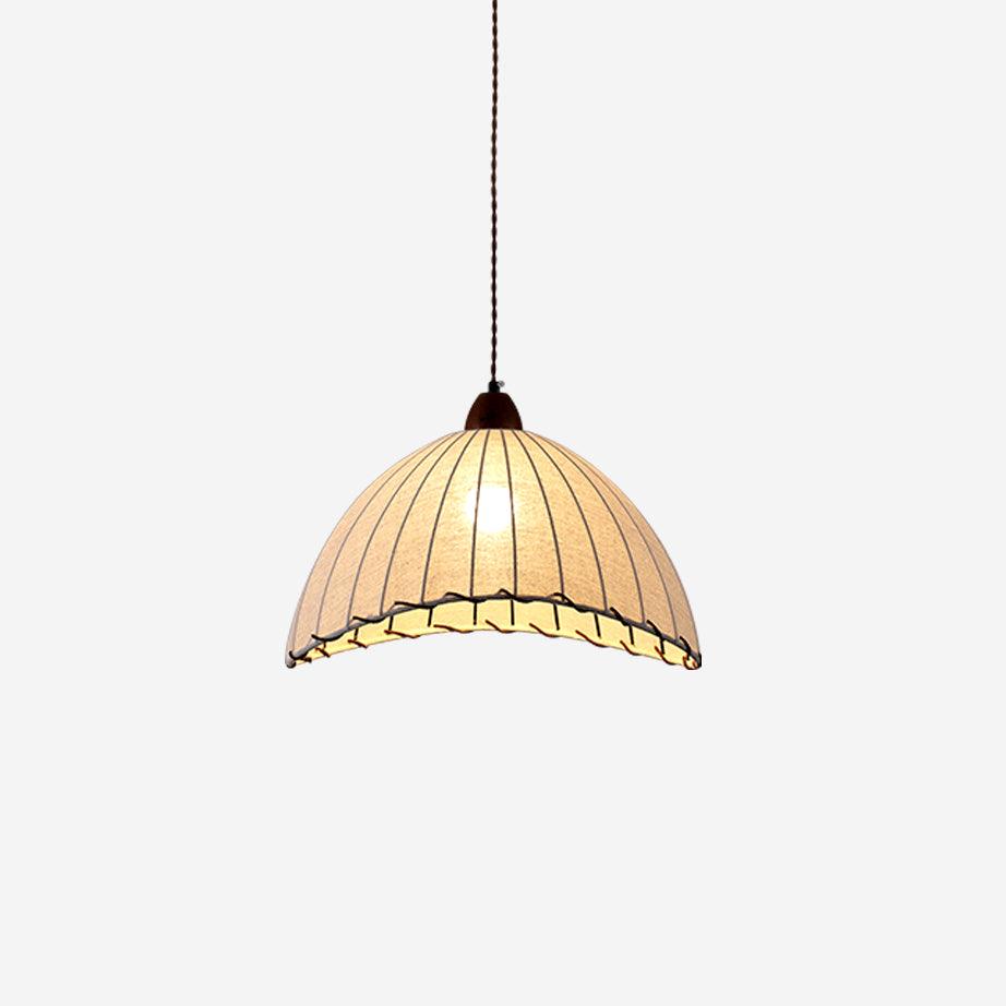 Dome-Shaped Pendant Light with Ribbed Fabric Shade for Kitchen Island – White and Walnut 1