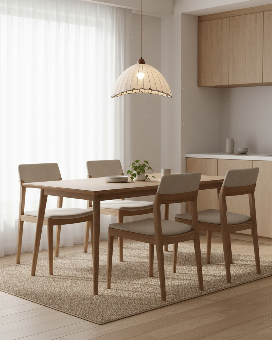 Dome-Shaped Pendant Light with Ribbed Fabric Shade for Kitchen Island – White and Walnut 6