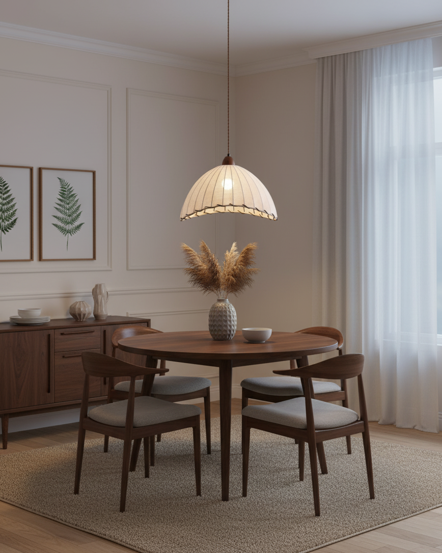 Dome-Shaped Pendant Light with Ribbed Fabric Shade for Kitchen Island – White and Walnut 8