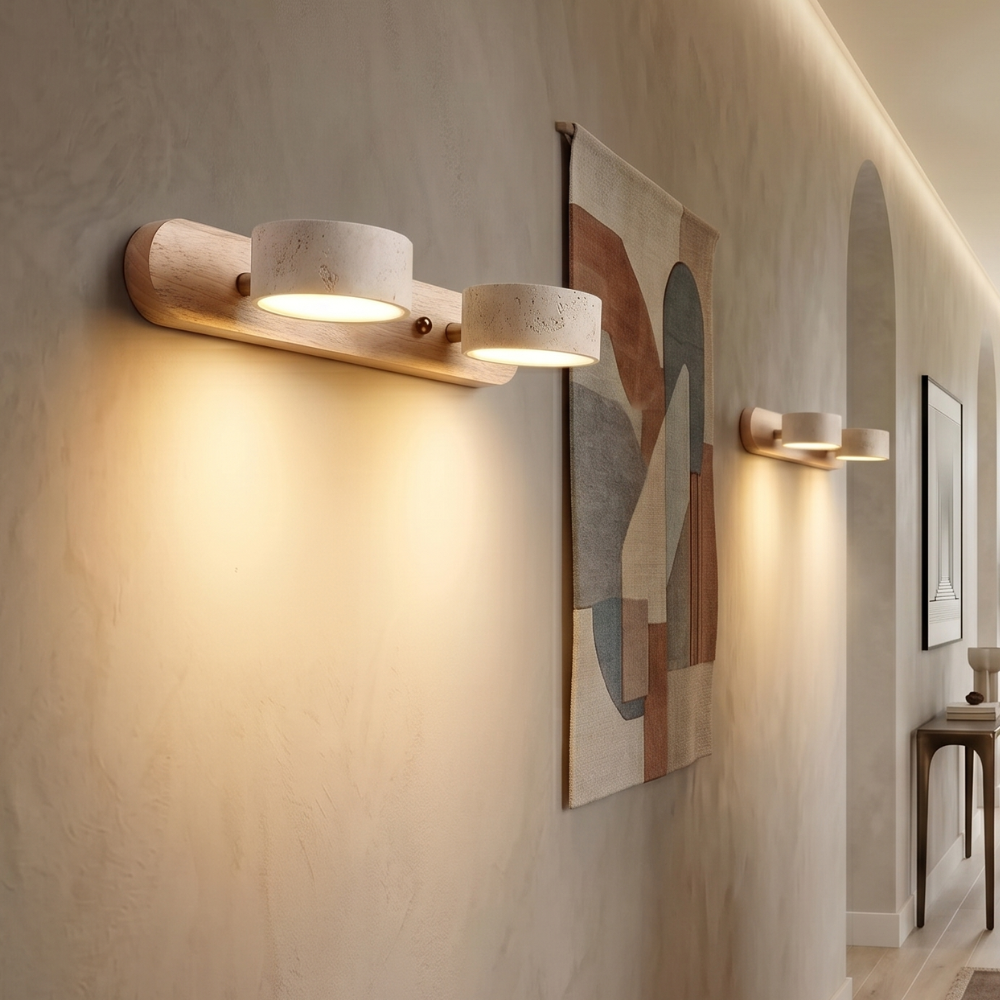 Duo Wall Light with Yellow Travertine and Wood Finish - Modern Indoor Sconce 94