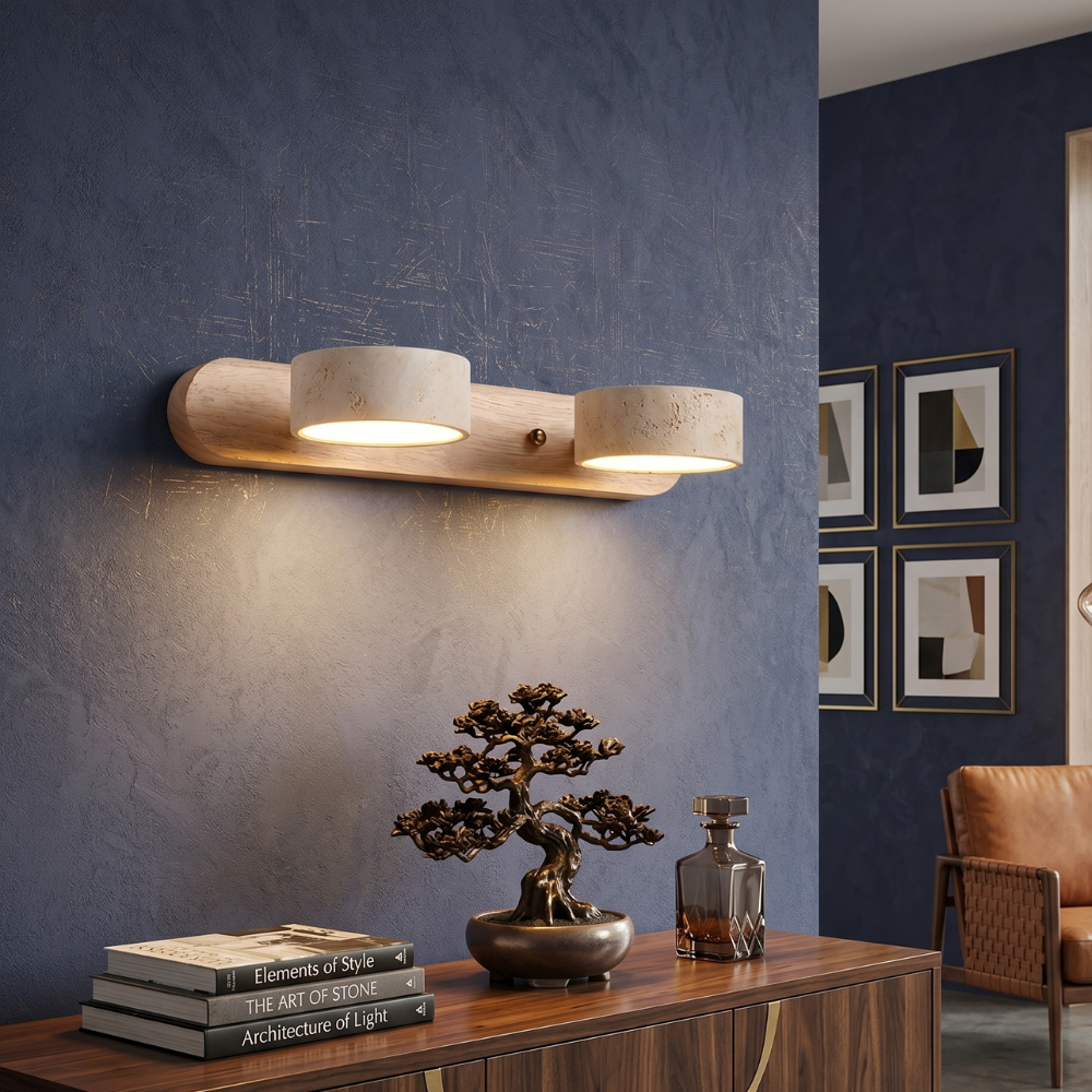 Duo Wall Light with Yellow Travertine and Wood Finish - Modern Indoor Sconce 95