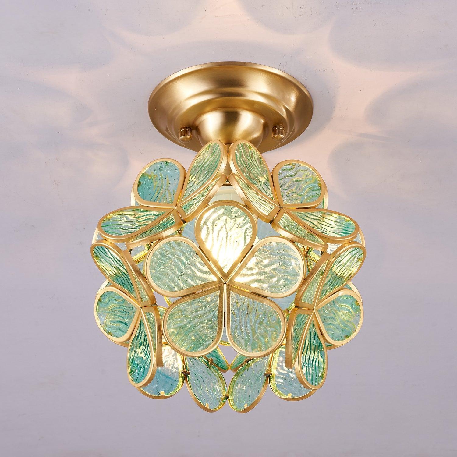 Elegant Ceiling Light Brass Glass Floral Design 4