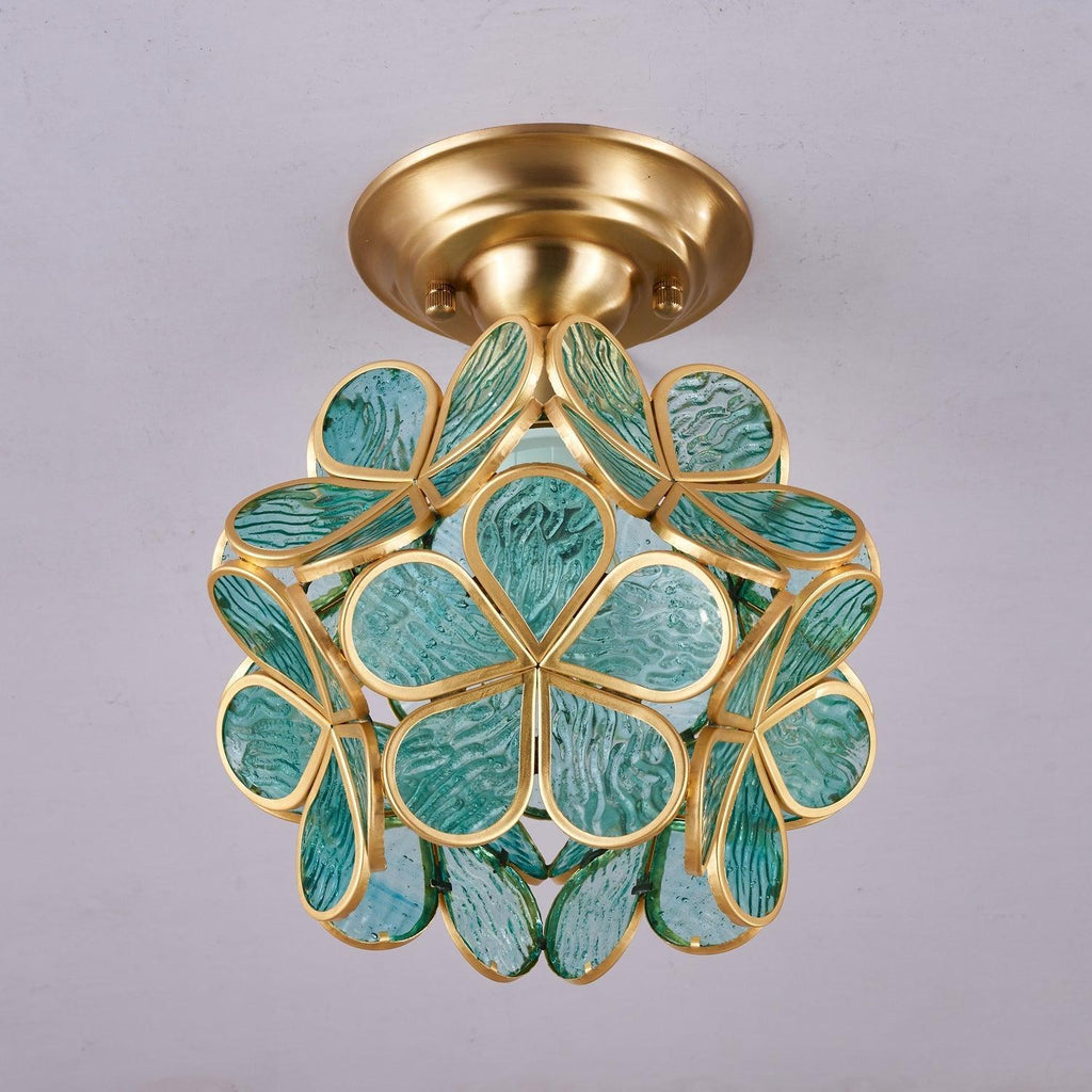 Elegant Ceiling Light Brass Glass Floral Design 9