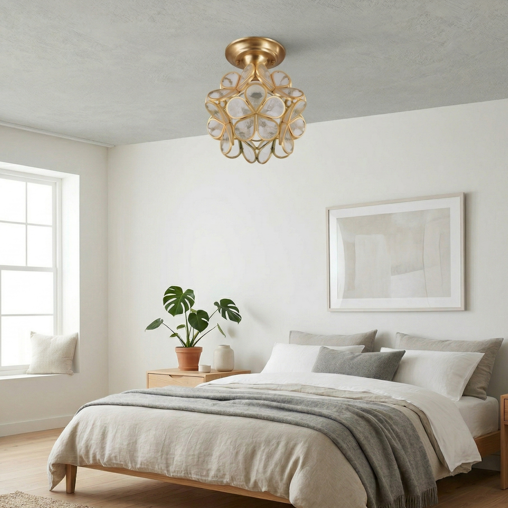 Elegant Ceiling Light Brass Glass Floral Design 99