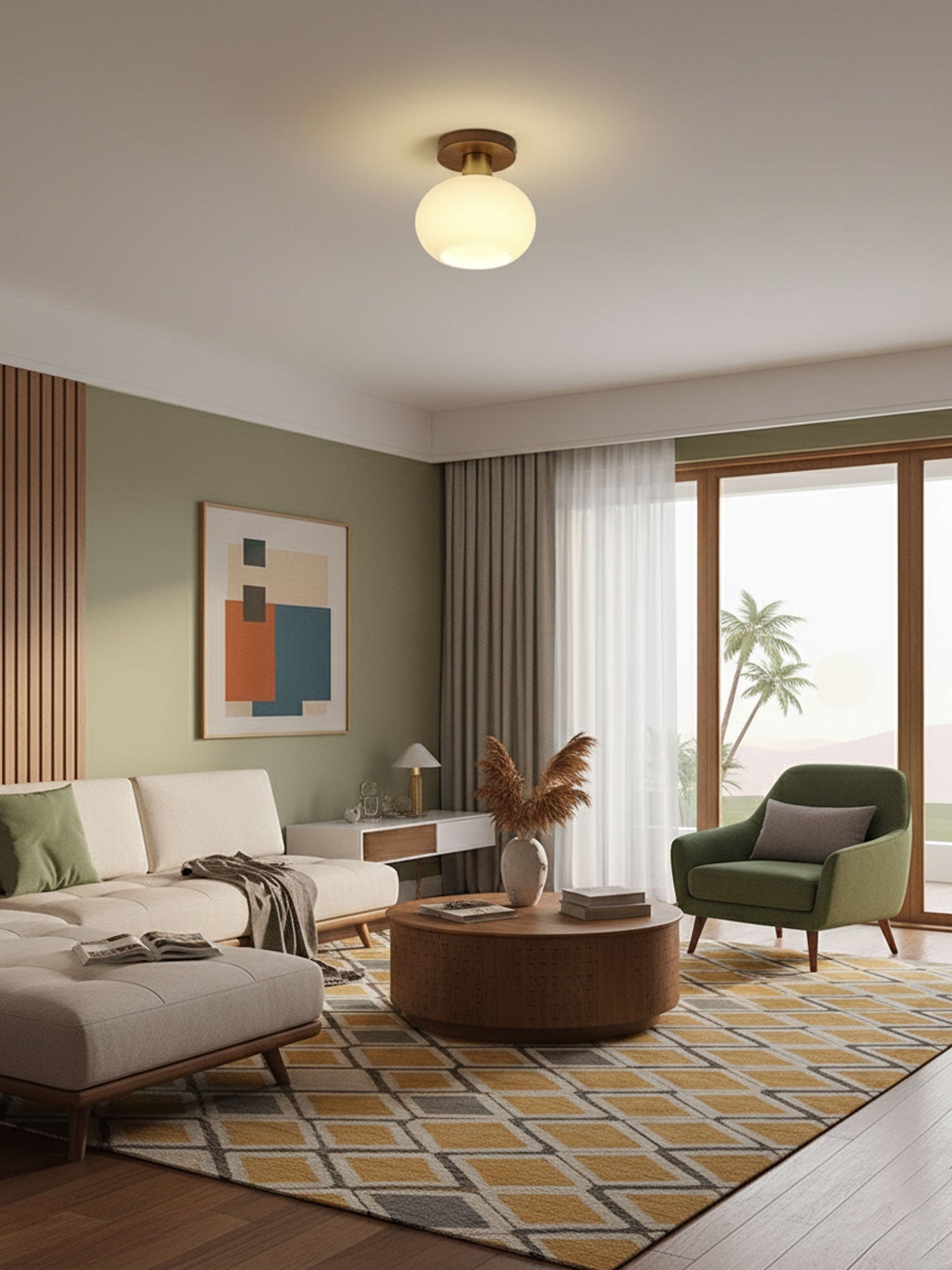 Elegant Ceiling Light  Walnut Opal Glass Dimmable 6