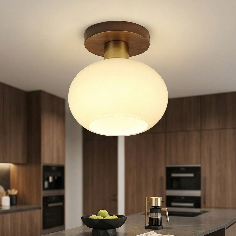 Elegant Ceiling Light  Walnut Opal Glass Dimmable 96