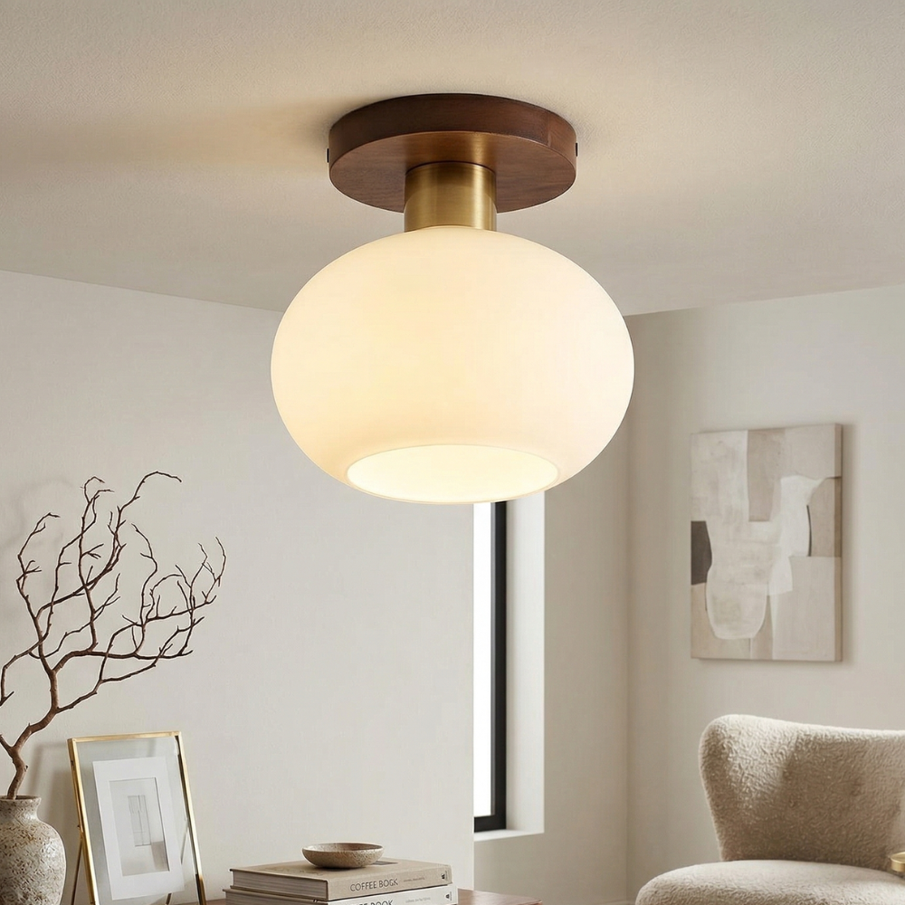 Elegant Ceiling Light  Walnut Opal Glass Dimmable 98