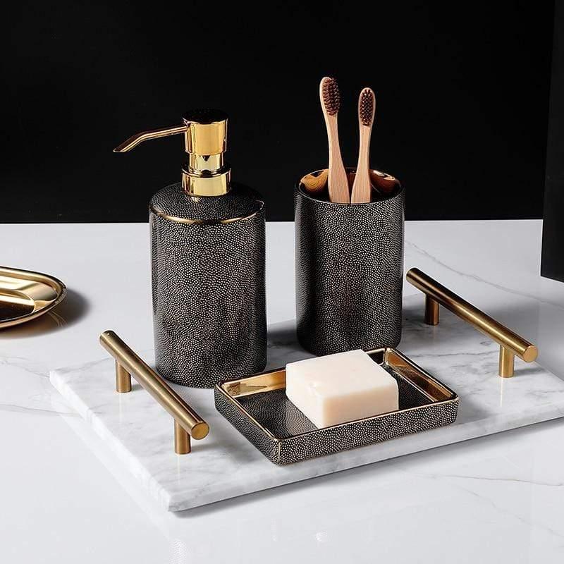 Elegant Ceramic Bathroom Accessories Set Gold Accents 1