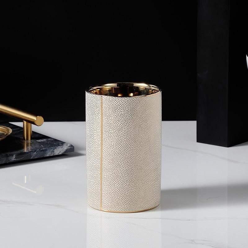 Elegant Ceramic Bathroom Accessories Set Gold Accents 10
