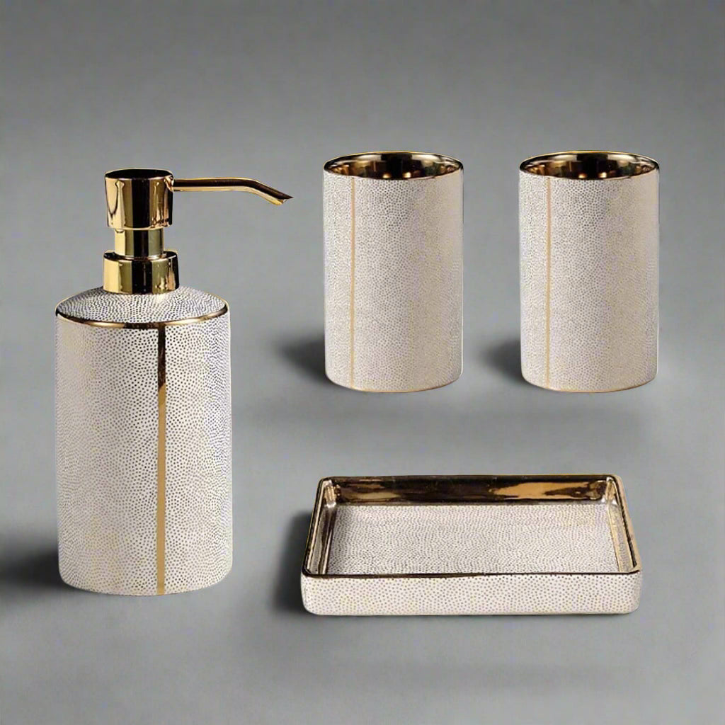 Elegant Ceramic Bathroom Accessories Set Gold Accents 11