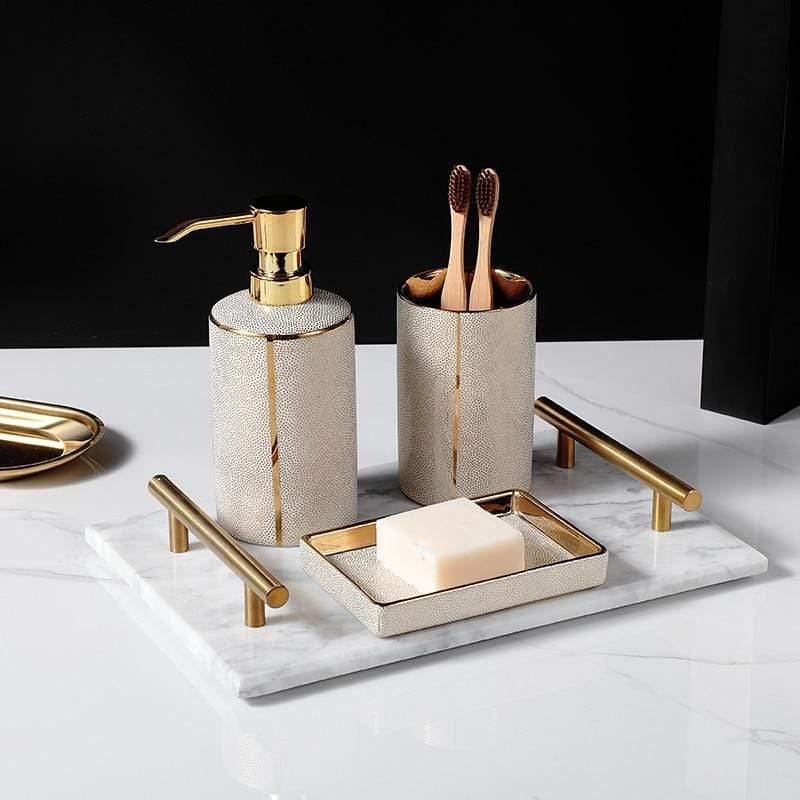 Elegant Ceramic Bathroom Accessories Set Gold Accents 2