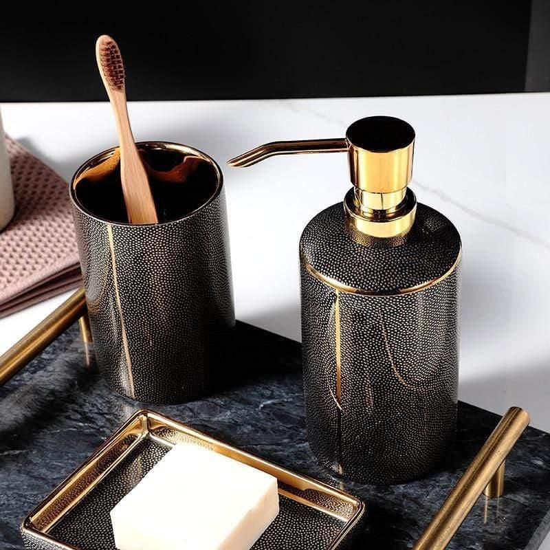 Elegant Ceramic Bathroom Accessories Set Gold Accents 3