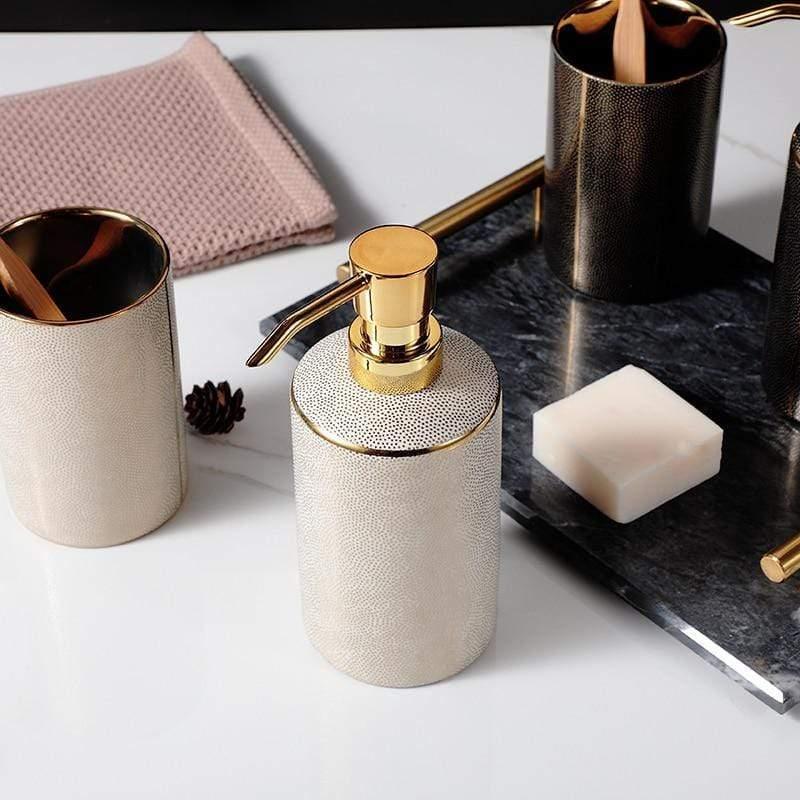 Elegant Ceramic Bathroom Accessories Set Gold Accents 4
