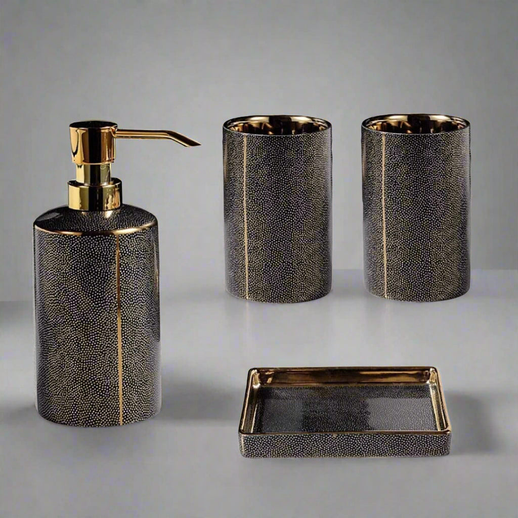 Elegant Ceramic Bathroom Accessories Set Gold Accents 9