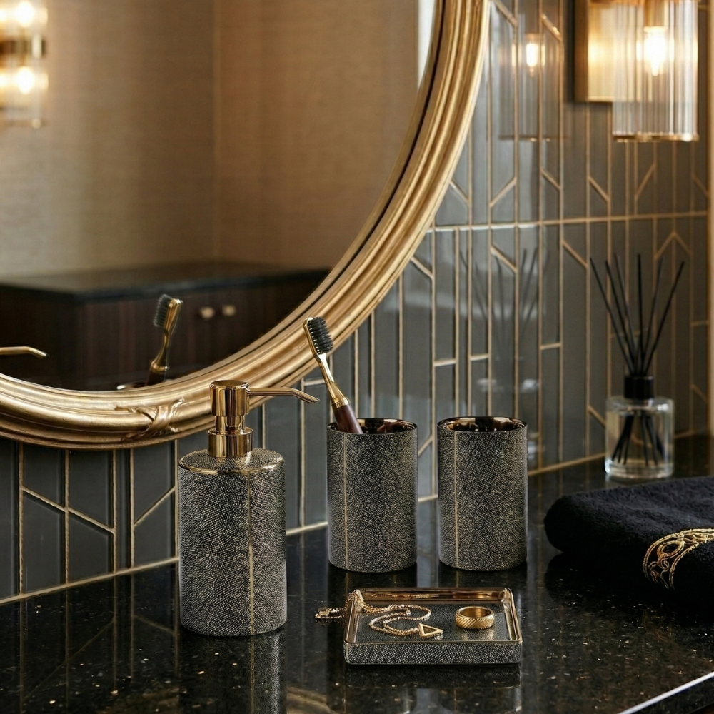Elegant Ceramic Bathroom Accessories Set Gold Accents 95
