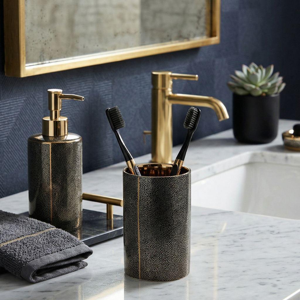 Elegant Ceramic Bathroom Accessories Set Gold Accents 99