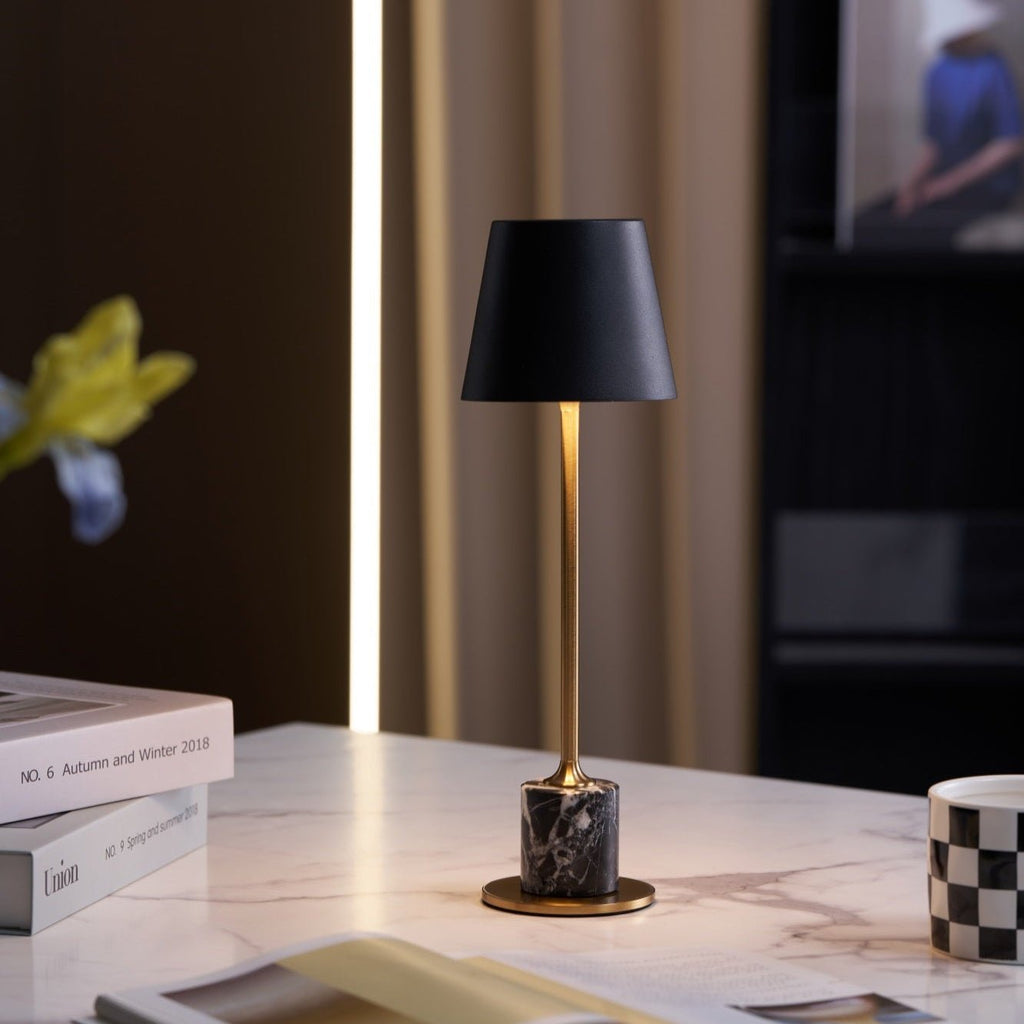 Elegant Cordless Table Lamp Gold Metal Black Marble 2