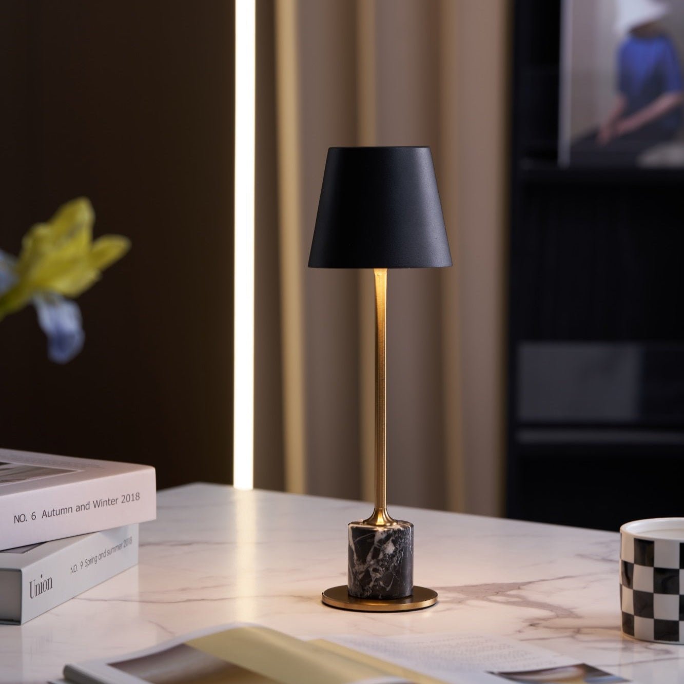 Elegant Cordless Table Lamp Gold Metal Black Marble 2