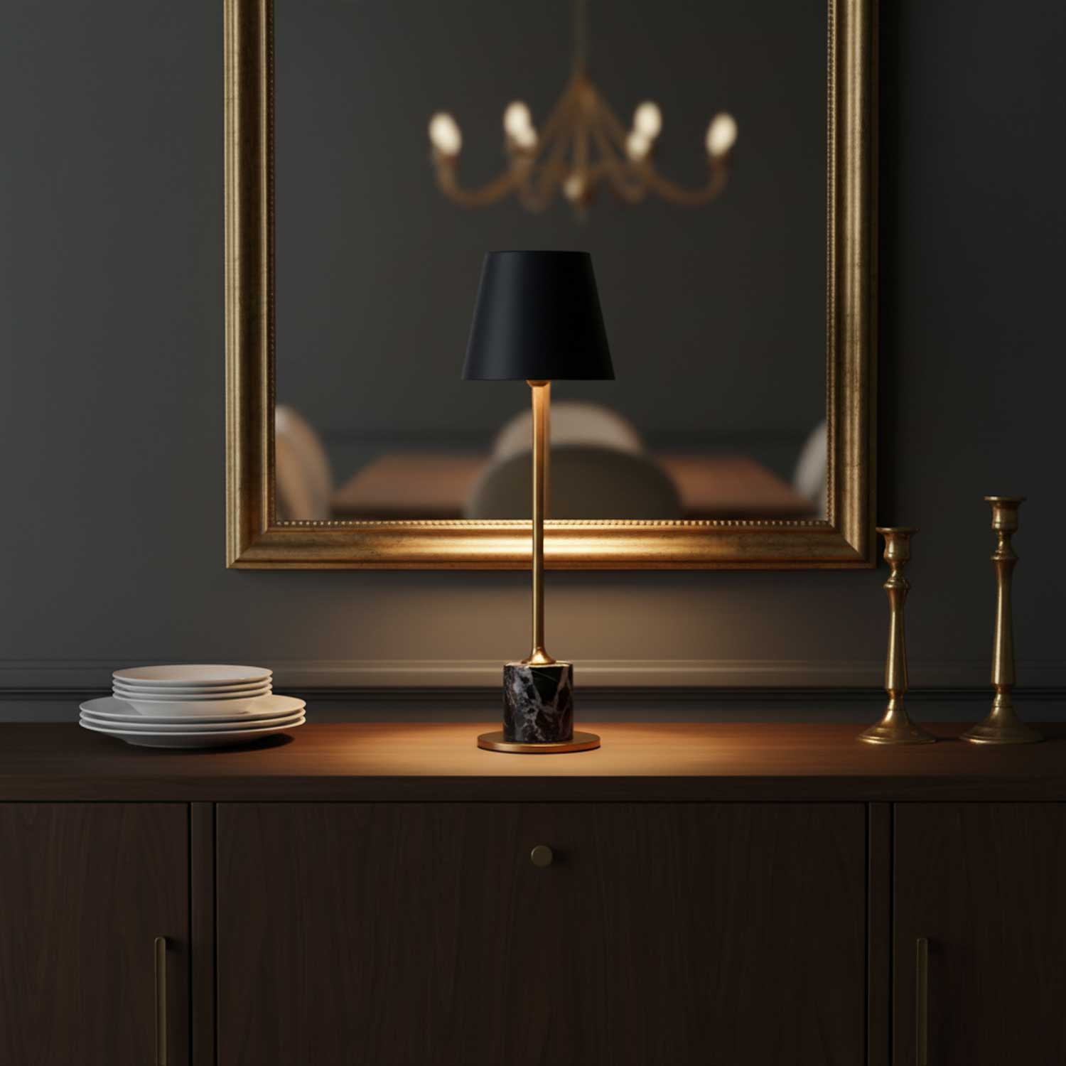 Elegant Cordless Table Lamp Gold Metal Black Marble 7