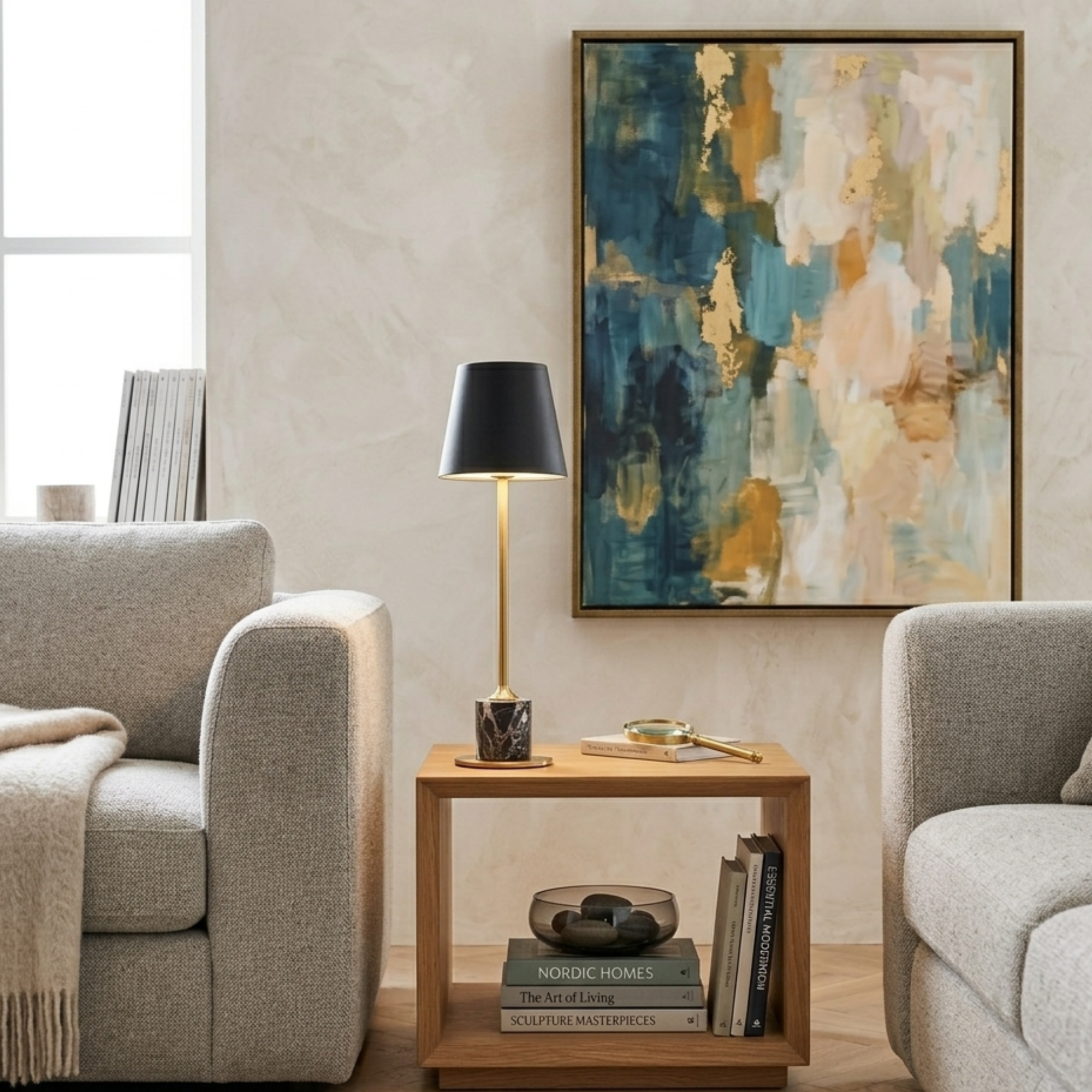 Elegant Cordless Table Lamp Gold Metal Black Marble 99