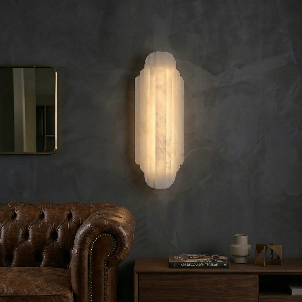 Elegant Dimmable Alabaster Wall Sconce Metal Base 96
