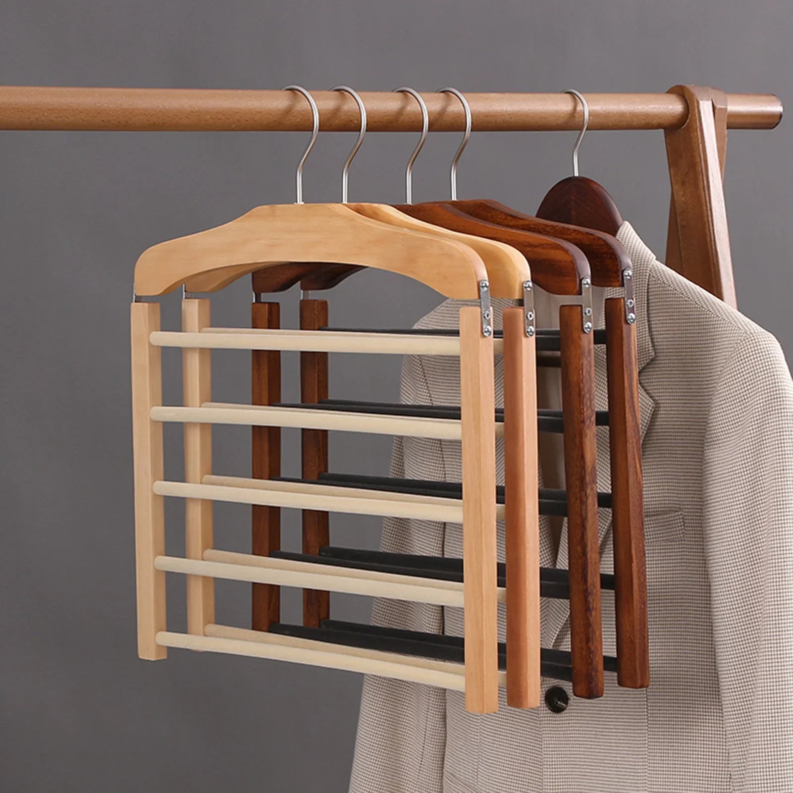 Elegant Multi-Bar Clothes Hanger Wooden Finish 2