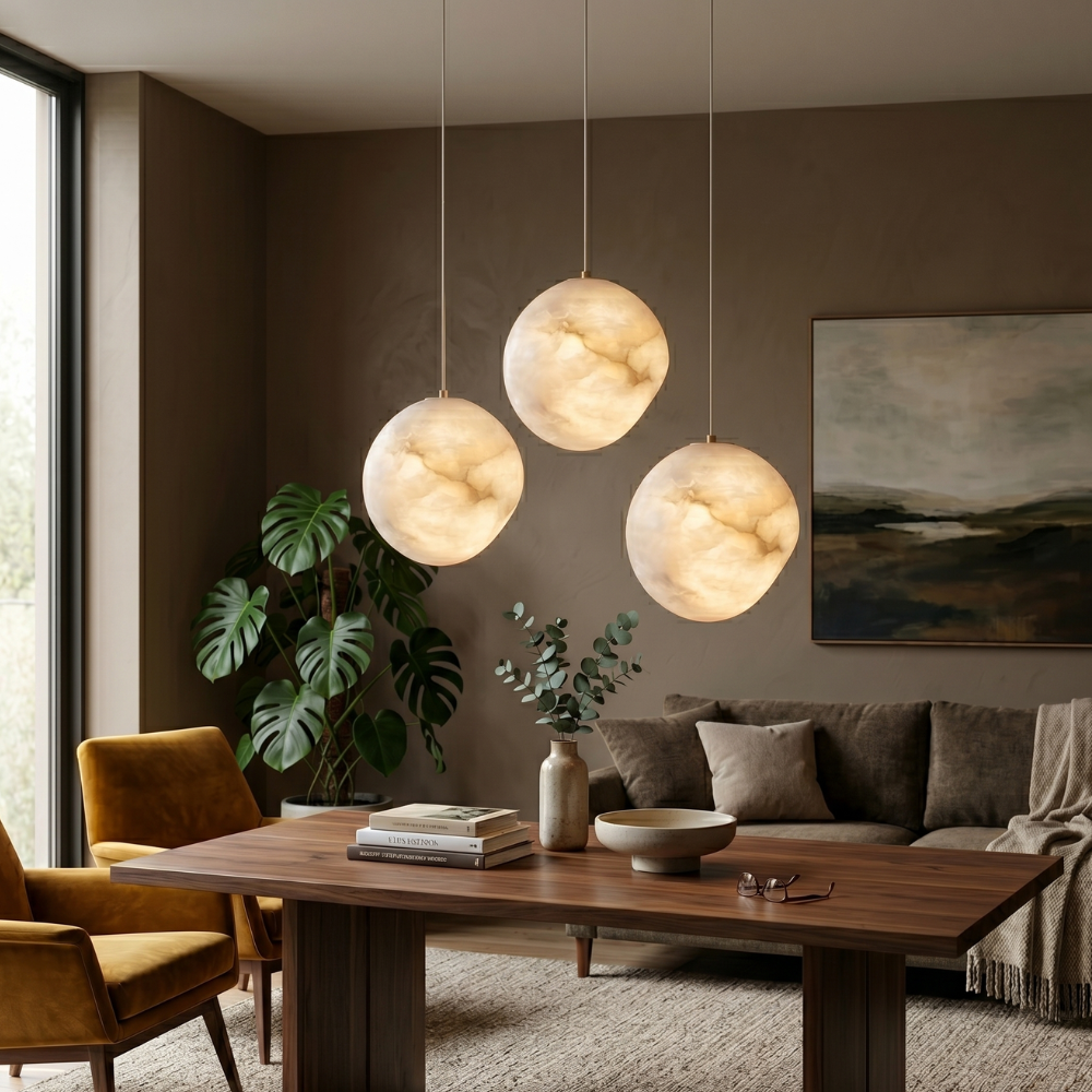 Elegant Pendant Light Brass Alabaster Adjustable Height 98