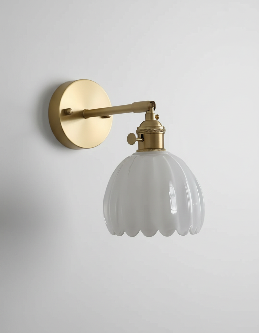 Elegant Wall Sconce Lighting with Glass Shade – Vintage Brass Flower Design 1