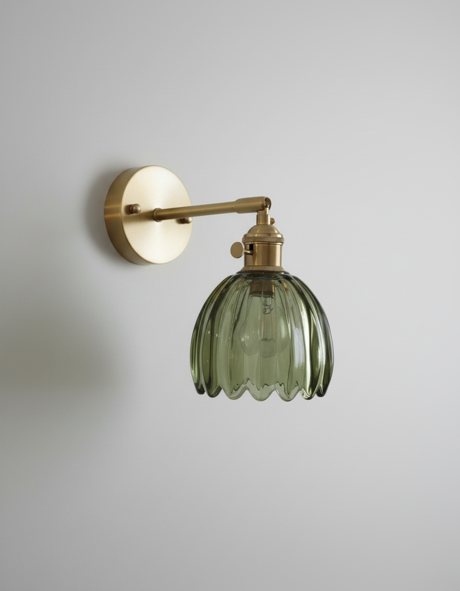 Elegant Wall Sconce Lighting with Glass Shade – Vintage Brass Flower Design 2