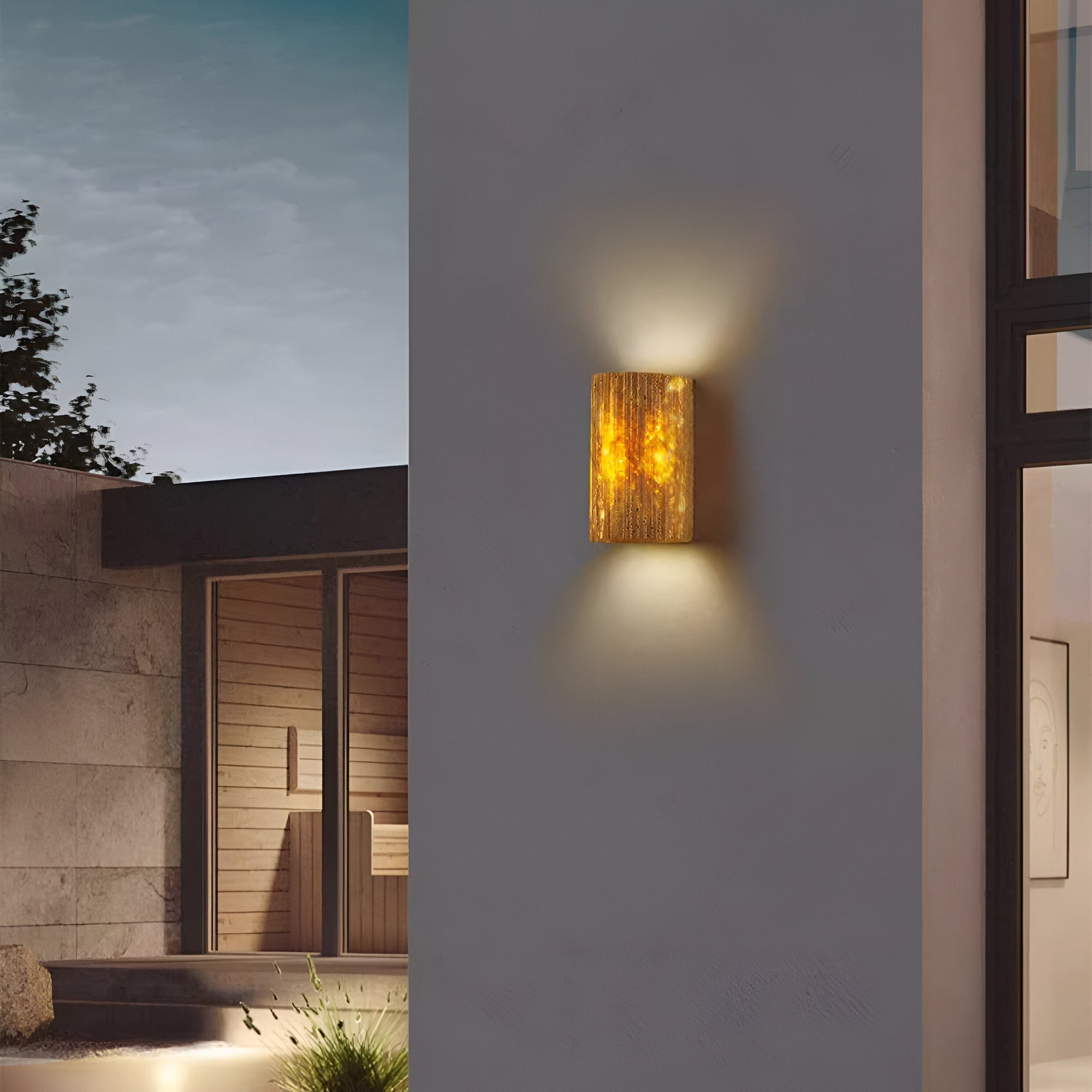 Elegant Yellow Travertine Outdoor Wall Lamp – Up and Down LED Exterior Wall Lights for Garden and Patio 2