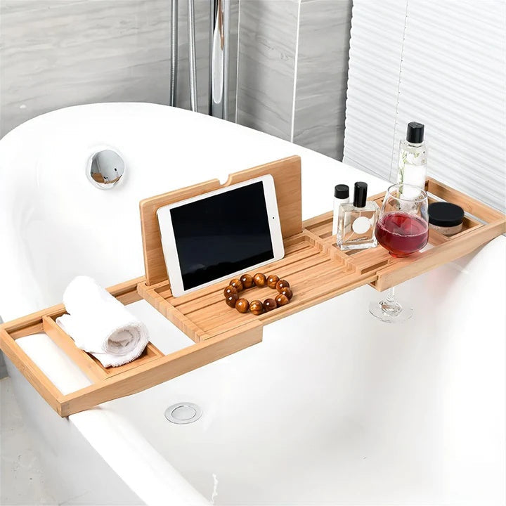 Expandable Bamboo Bath Caddy with Beverage Holder 0