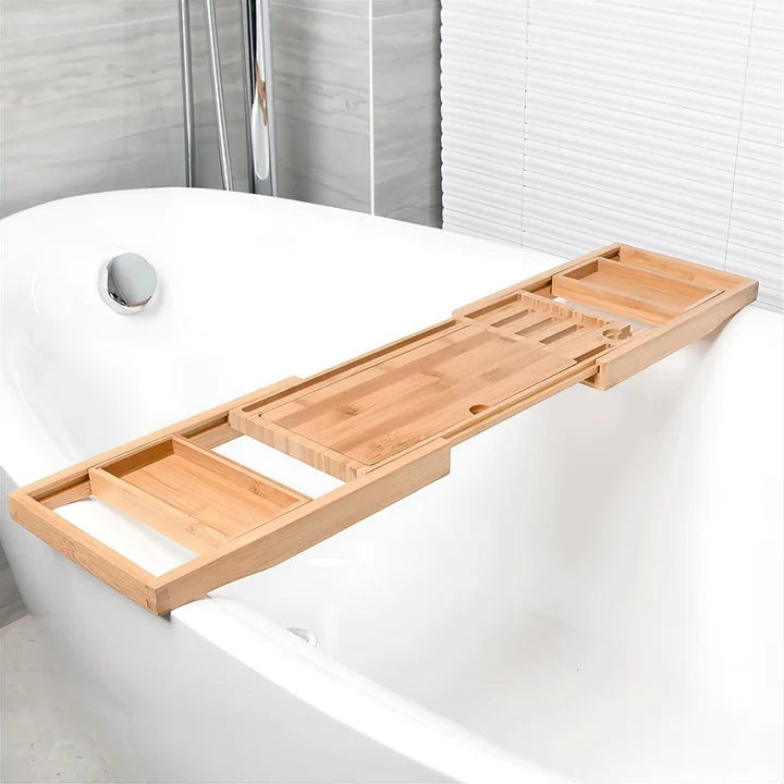 Expandable Bamboo Bath Caddy with Beverage Holder 1