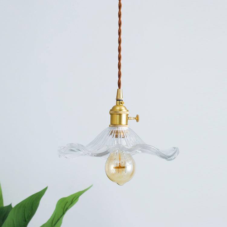 Glass Flower Pendant Light Brass Fitting Vintage Art Nouveau Adjustable Height Kitchen Dining Room Home Decor - Stack & Clear 0