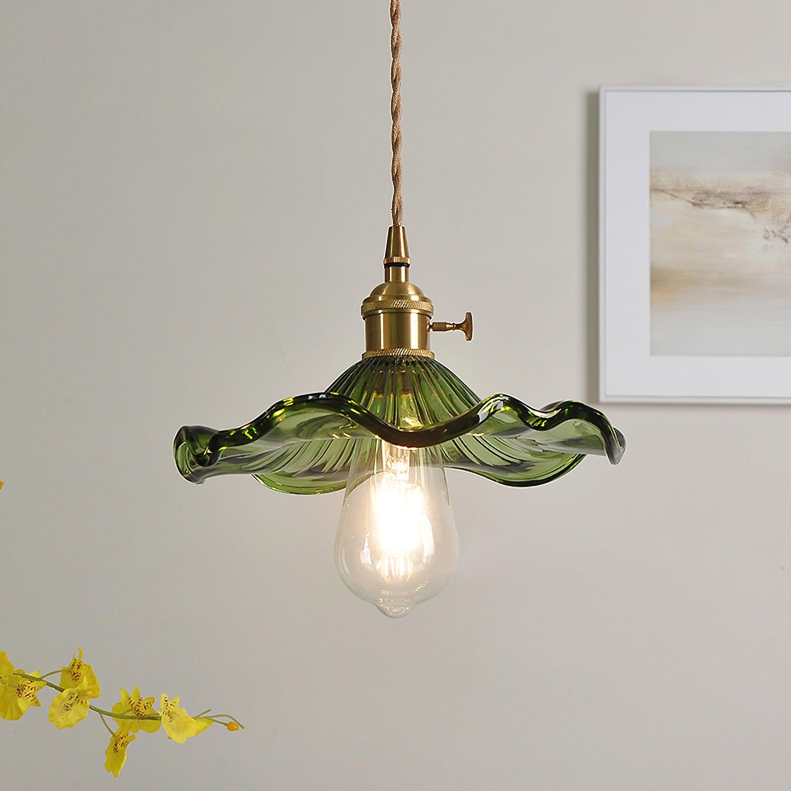 Glass Flower Pendant Light Brass Fitting Vintage Art Nouveau Adjustable Height Kitchen Dining Room Home Decor - Stack & Clear 10