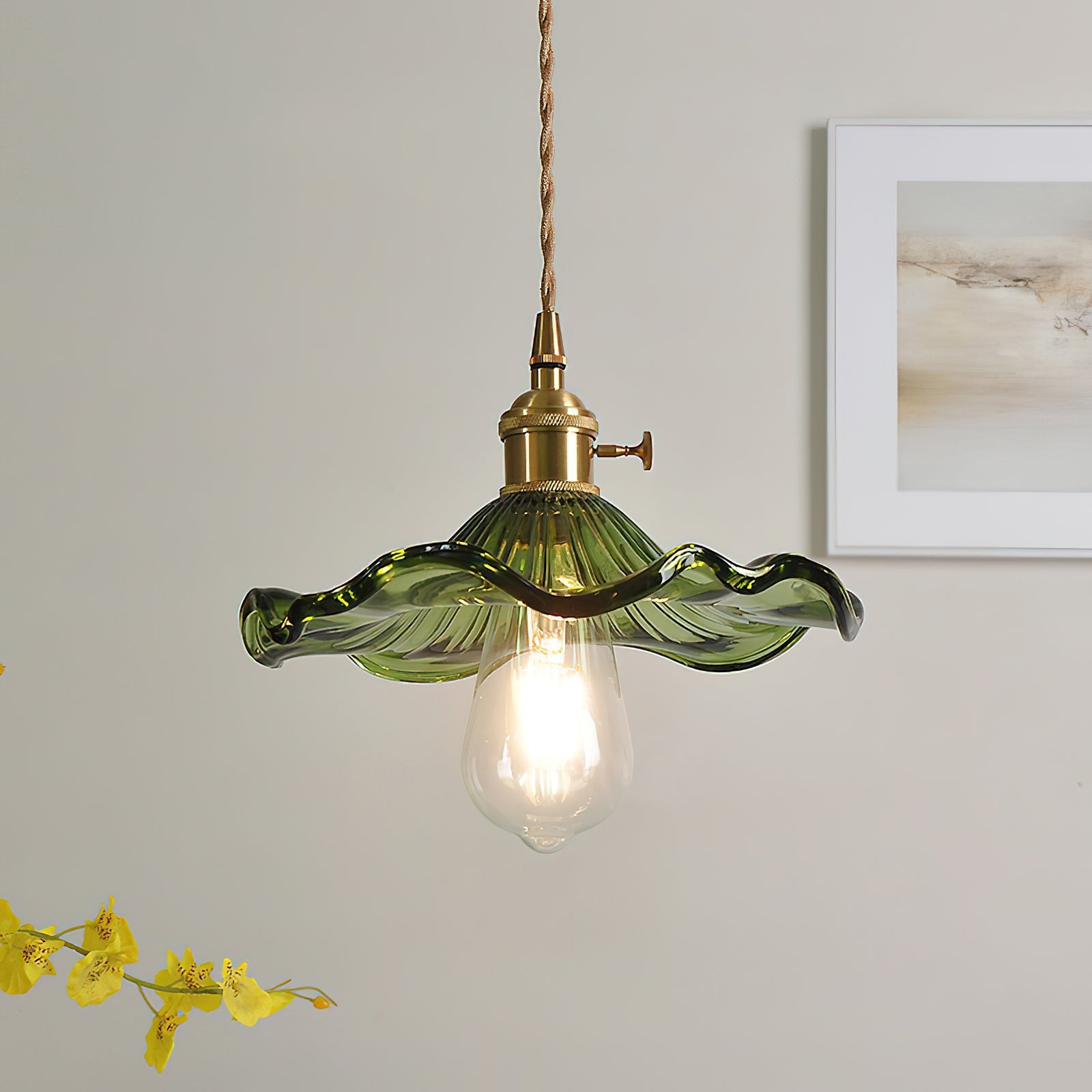 Glass Flower Pendant Light Brass Fitting Vintage Art Nouveau Adjustable Height Kitchen Dining Room Home Decor - Stack & Clear 2