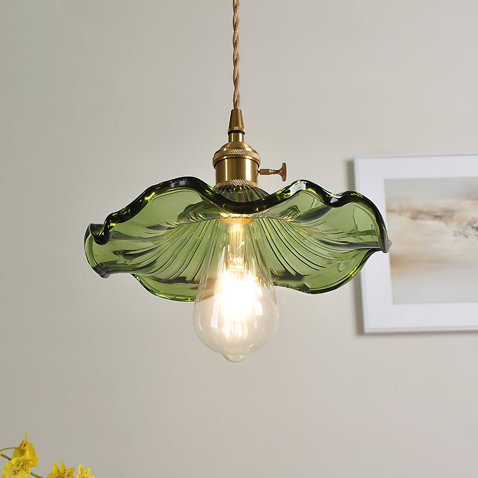 Glass Flower Pendant Light Brass Fitting Vintage Art Nouveau Adjustable Height Kitchen Dining Room Home Decor - Stack & Clear 3