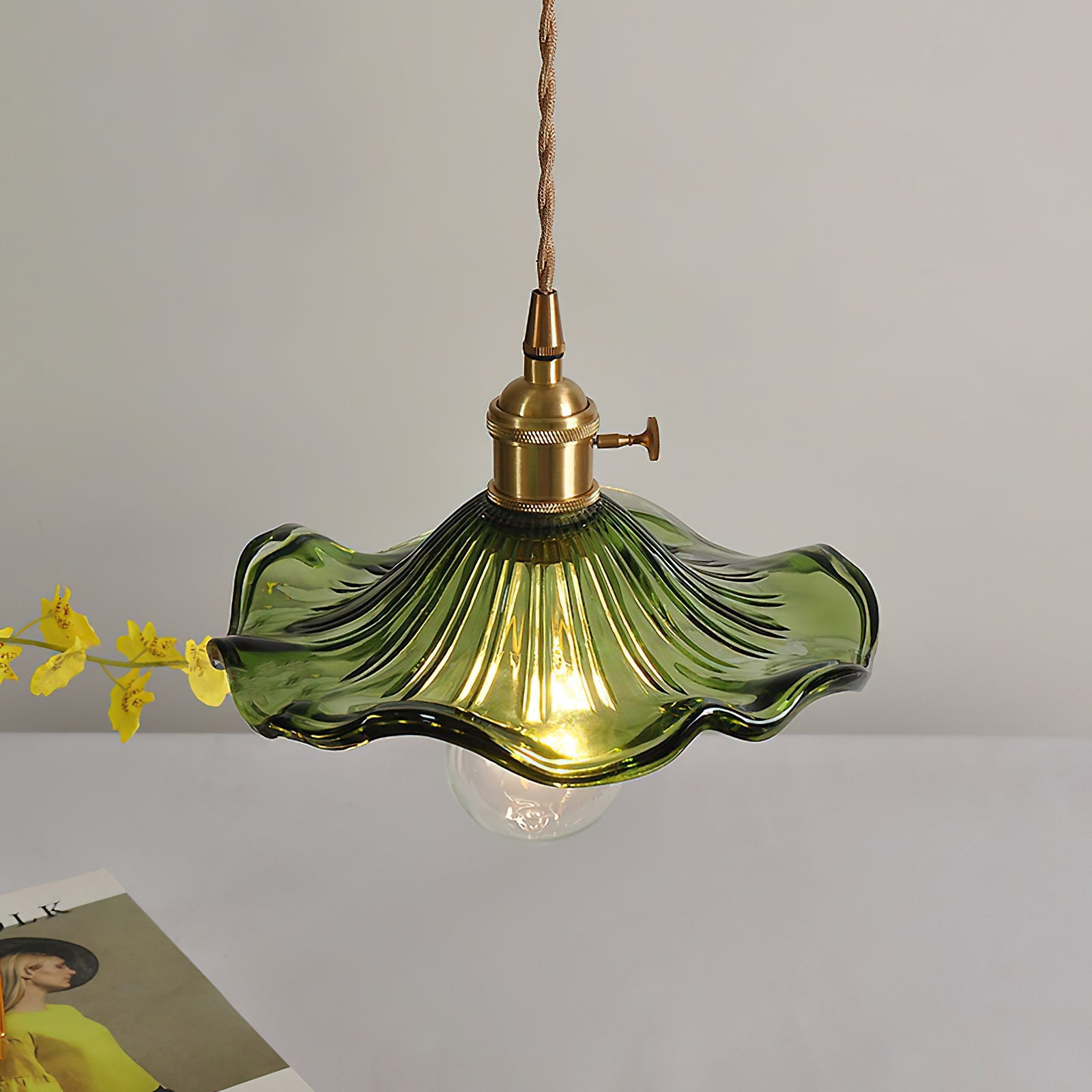 Glass Flower Pendant Light Brass Fitting Vintage Art Nouveau Adjustable Height Kitchen Dining Room Home Decor - Stack & Clear 4