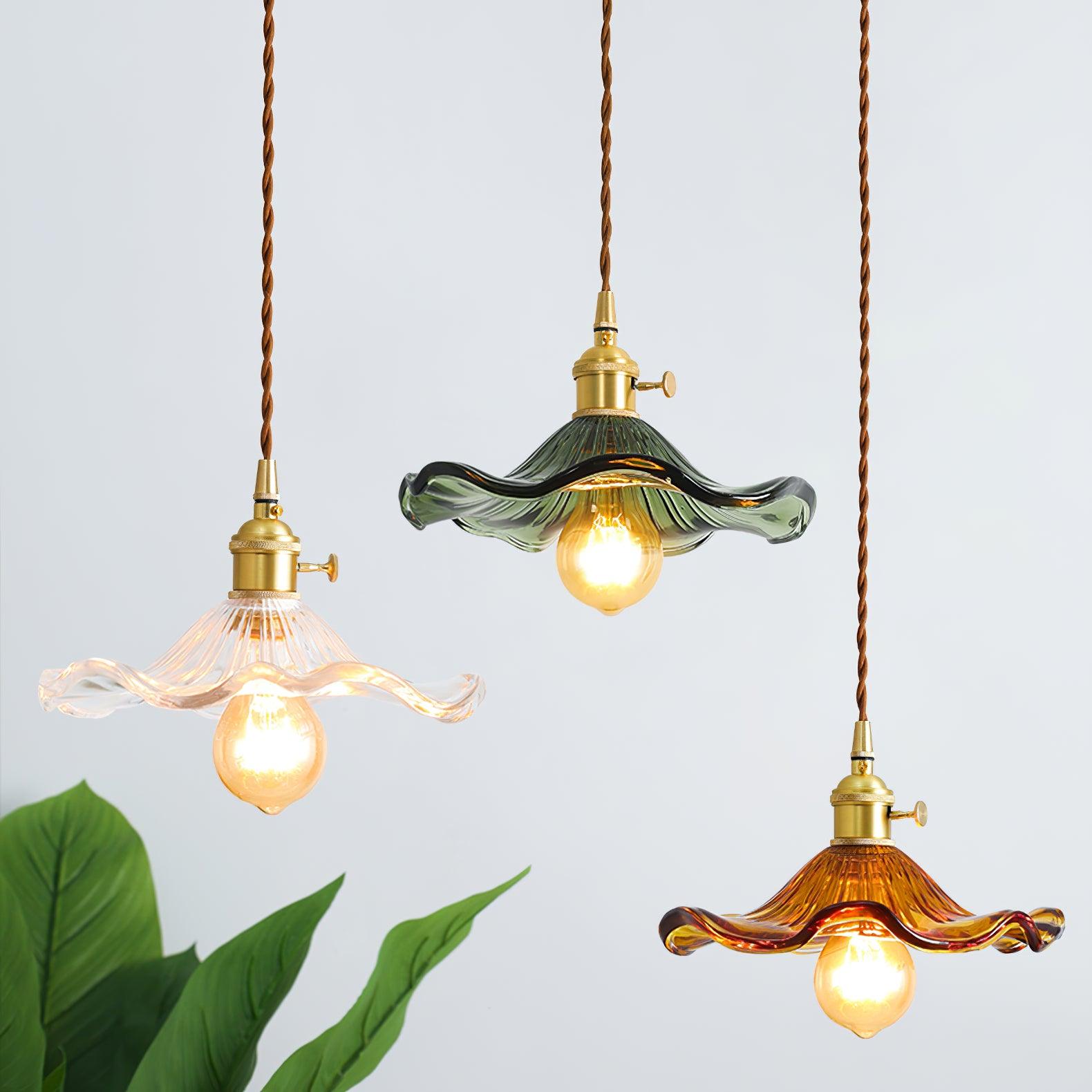 Glass Flower Pendant Light Brass Fitting Vintage Art Nouveau Adjustable Height Kitchen Dining Room Home Decor - Stack & Clear 5