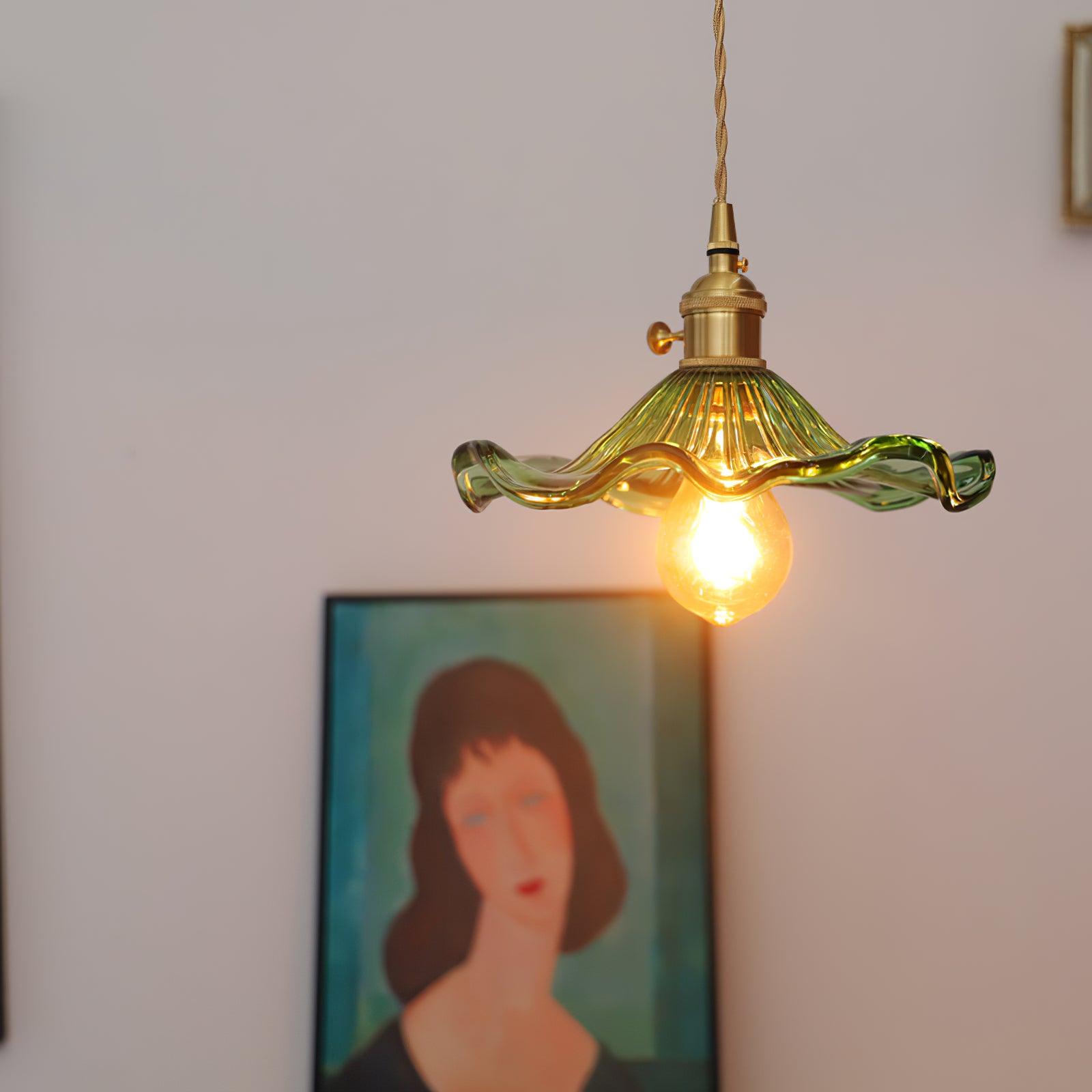 Glass Flower Pendant Light Brass Fitting Vintage Art Nouveau Adjustable Height Kitchen Dining Room Home Decor - Stack & Clear 7