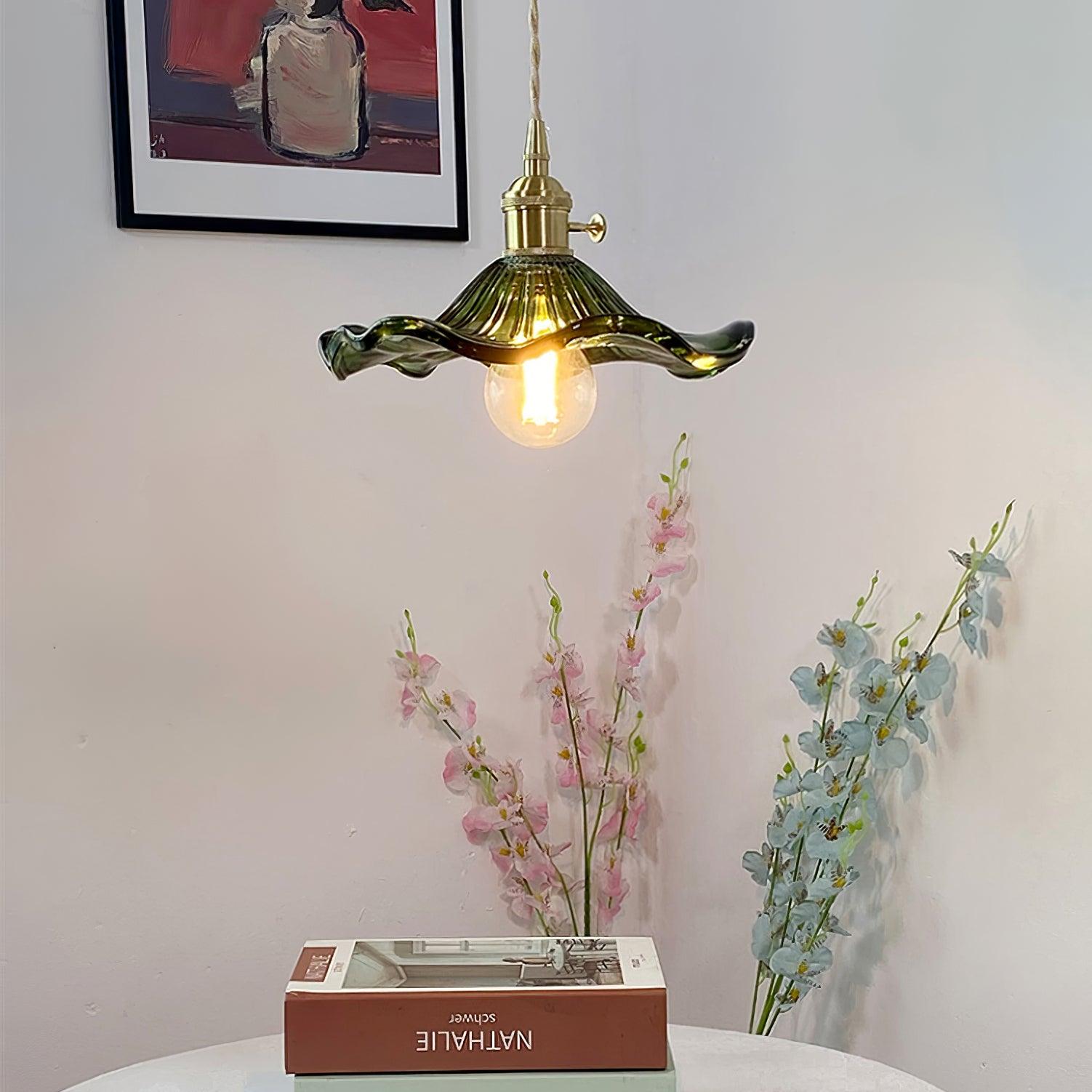 Glass Flower Pendant Light Brass Fitting Vintage Art Nouveau Adjustable Height Kitchen Dining Room Home Decor - Stack & Clear 8