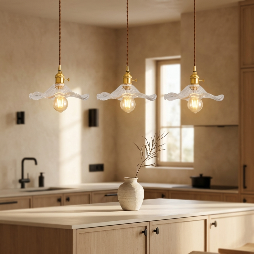 Glass Flower Pendant Light Brass Fitting Vintage Art Nouveau Adjustable Height Kitchen Dining Room Home Decor - Stack & Clear 97