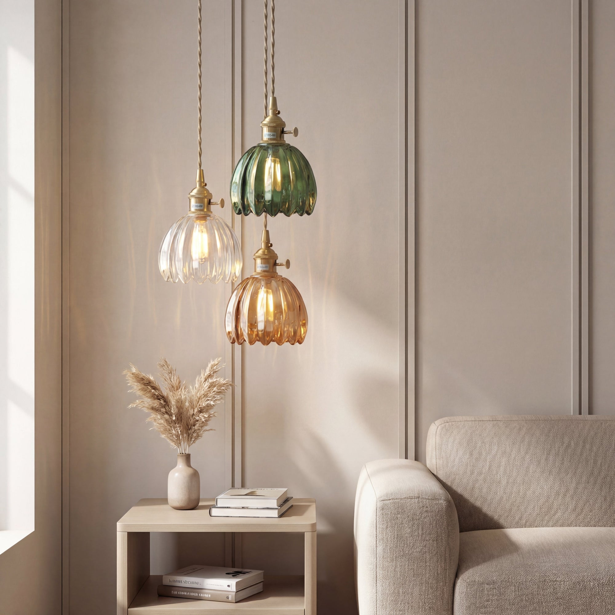 Glass Pendant Light Brass Flower Shade Vintage Adjustable Height Kitchen Dining Room Home Decor - Stack & Clear 1